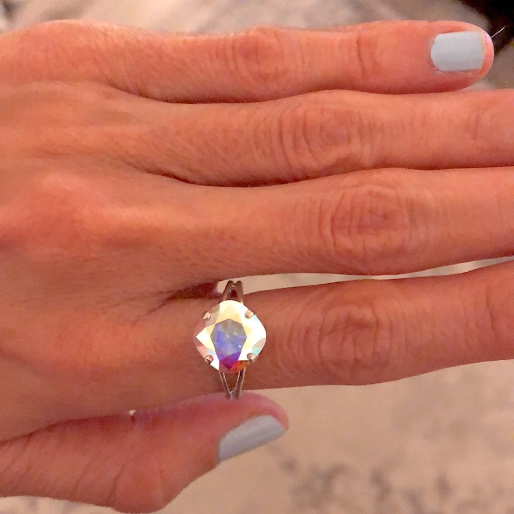Aurora Borealis + Silver Cushion Cut Crystal Ring